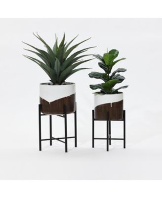 2-Piece White and Brown Metal Cachepot Planters Set with Stands