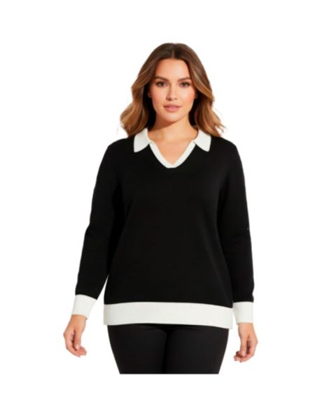 Женский свитер Avenue Plus Size Color Block Polo, цвет: Чёрный белый