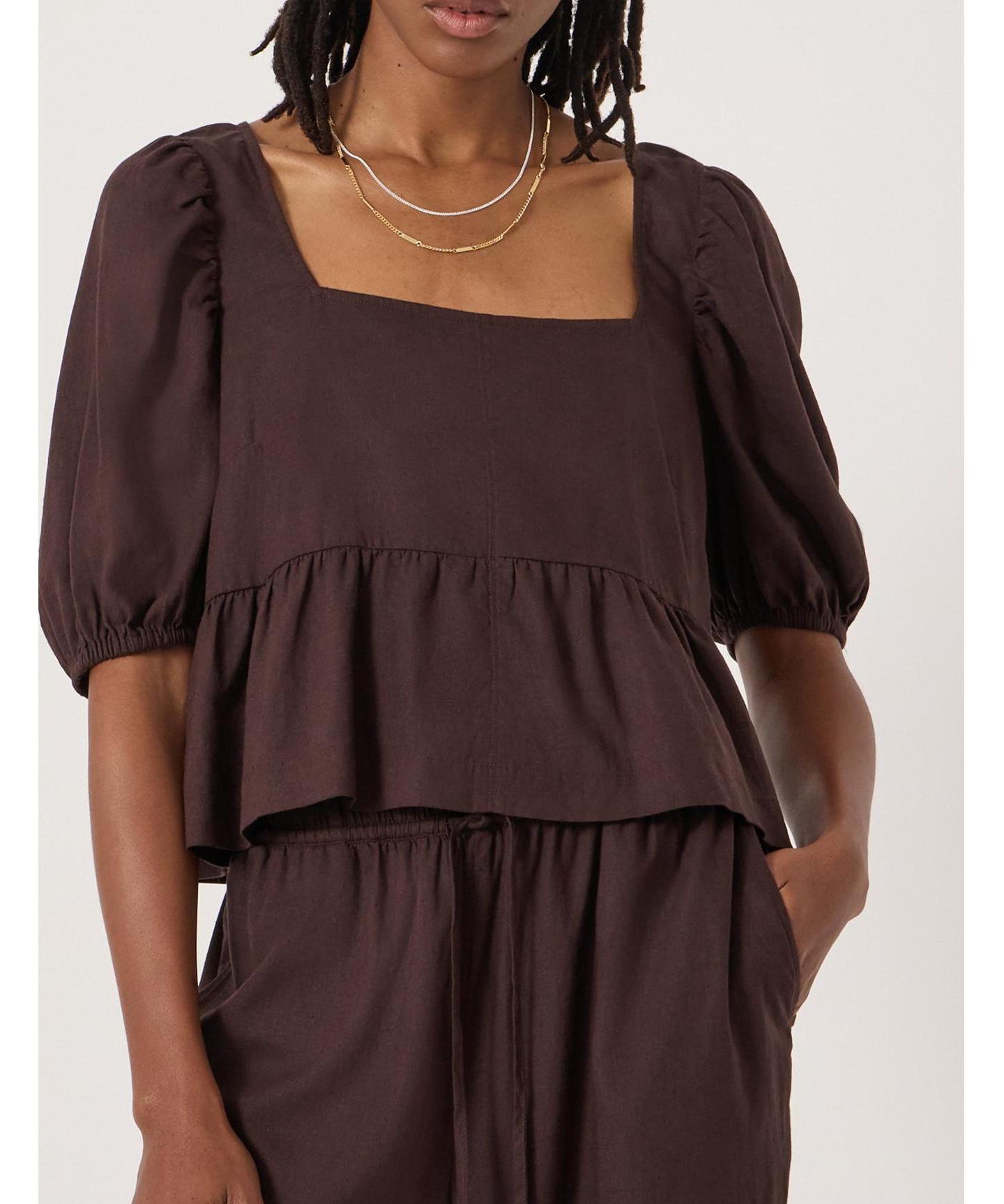 Женский топ Hush Alva Puff Sleeve Linen Beach, цвет: Тёмный коричневый — фото 6