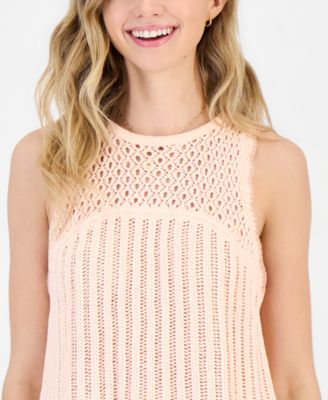 Juniors' Tipped Crochet Sleeveless Tank Top Sweater