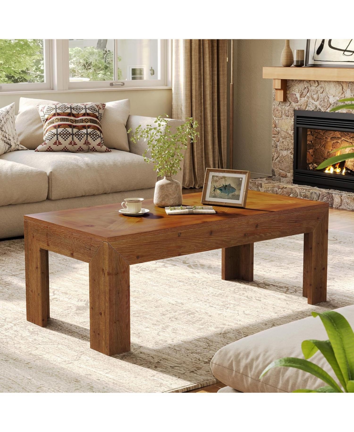 Tribesigns Rectangular Coffee Table, 47-Inch Solid Wood Living Room Coffee Table, Mid Century Modern Center Cocktail Table