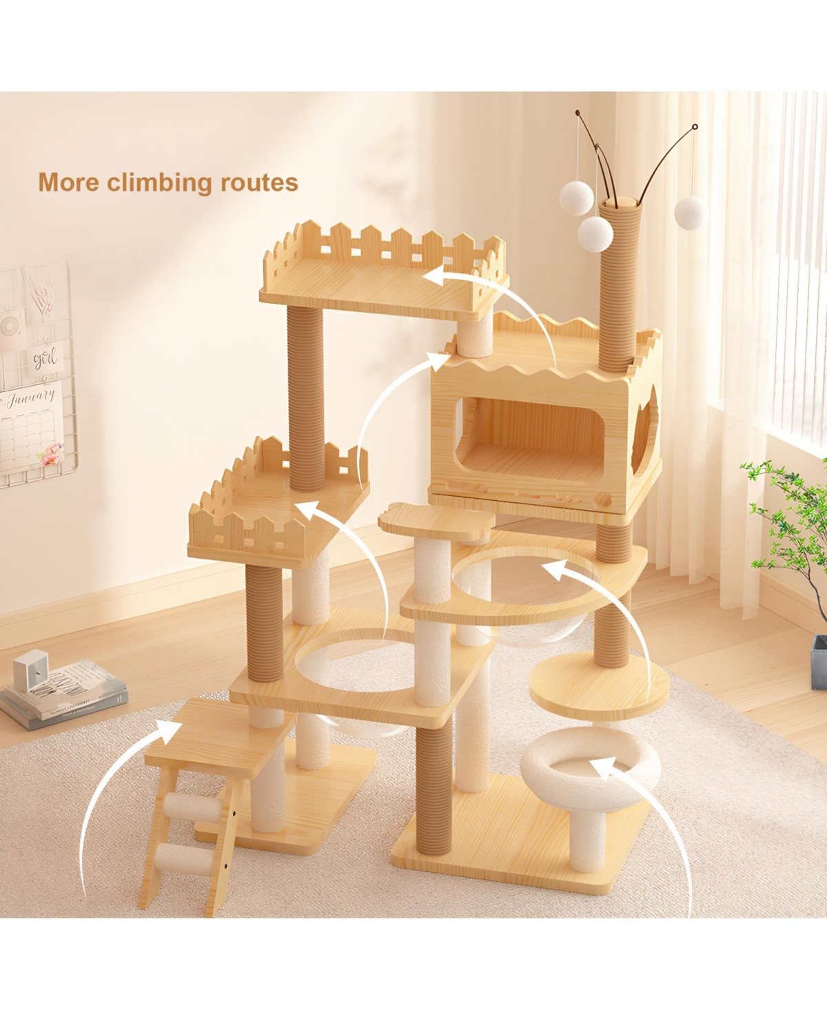 Aostirmotor 66.9" Modern Wood Cat Tree with Scratching Posts, Perch & Acrylic Hammock for Multi-Cat Homes