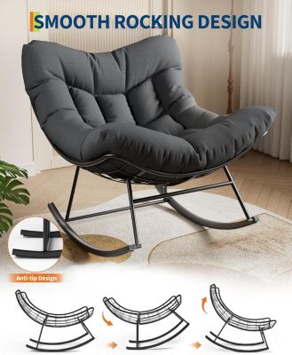 Outdoor Papasan Rocking Chair with Thick Cushion, Rattan Lounge Seat, Comfy Reading Furniture for Adults