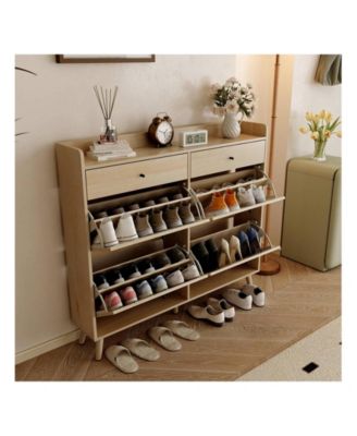 Oak Slim Freestanding Shoe Cabinet - 4 Rattan Flip Drawers + 2 Drawers Solid Wood Legs Organizer