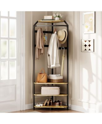 6 Double Hooks Corner Hall Tree - Storage Clothes Rack with Entryway Shoe Bench