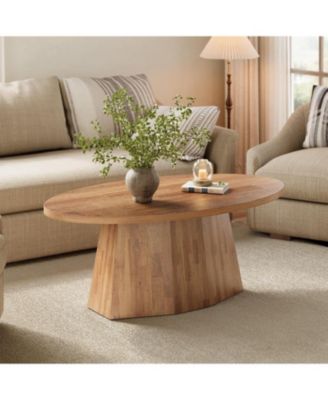 Oval Coffee Table, 47-Inch Living Room Table with Polygonal Pedestal, Modern Center Accent Furniture, Child-Friendly