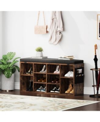 41" Padded Seat Shoe Bench - 10-Cube Storage Adjustable Shelves Side Pockets Entryway Organizer