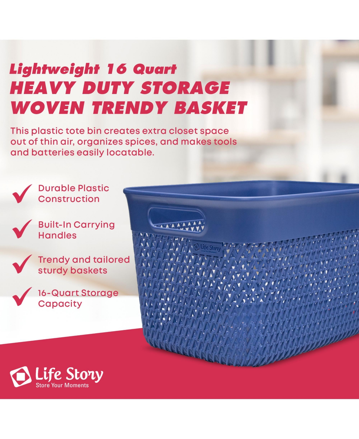 Life Story Lightweight Heavy Duty Storage Woven Trendy Basket 16 Quarts