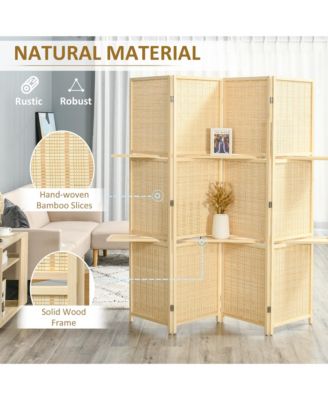 6' Folding Privacy Screen Bamboo Room Divider w/ 2 Open Shelves
