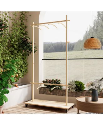 RAINSKEN Solid Wood Garment Rack, Modern Space-Saving Coat Tree, Clothes Drying Rack with 6 Hangers and Bottom Shelf for Entryway, Living Room