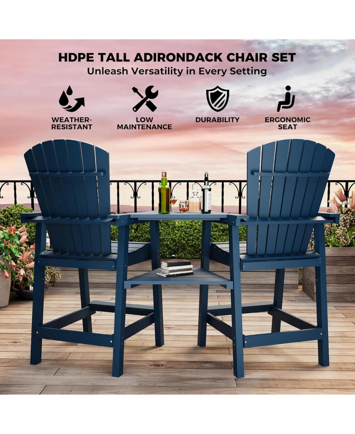 gaomon Outdoor Poly Adirondack Barstools With Connecting Tray, Patio High Adirondack Chairs for Deck, Backyard, Balcony