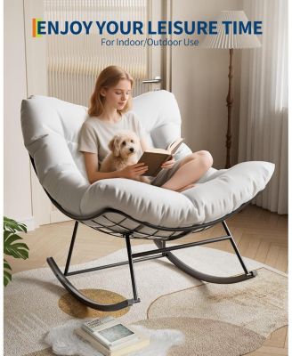 Outdoor Papasan Rocking Chair with Thick Cushion, Rattan Lounge Seat, Comfy Reading Furniture for Adults