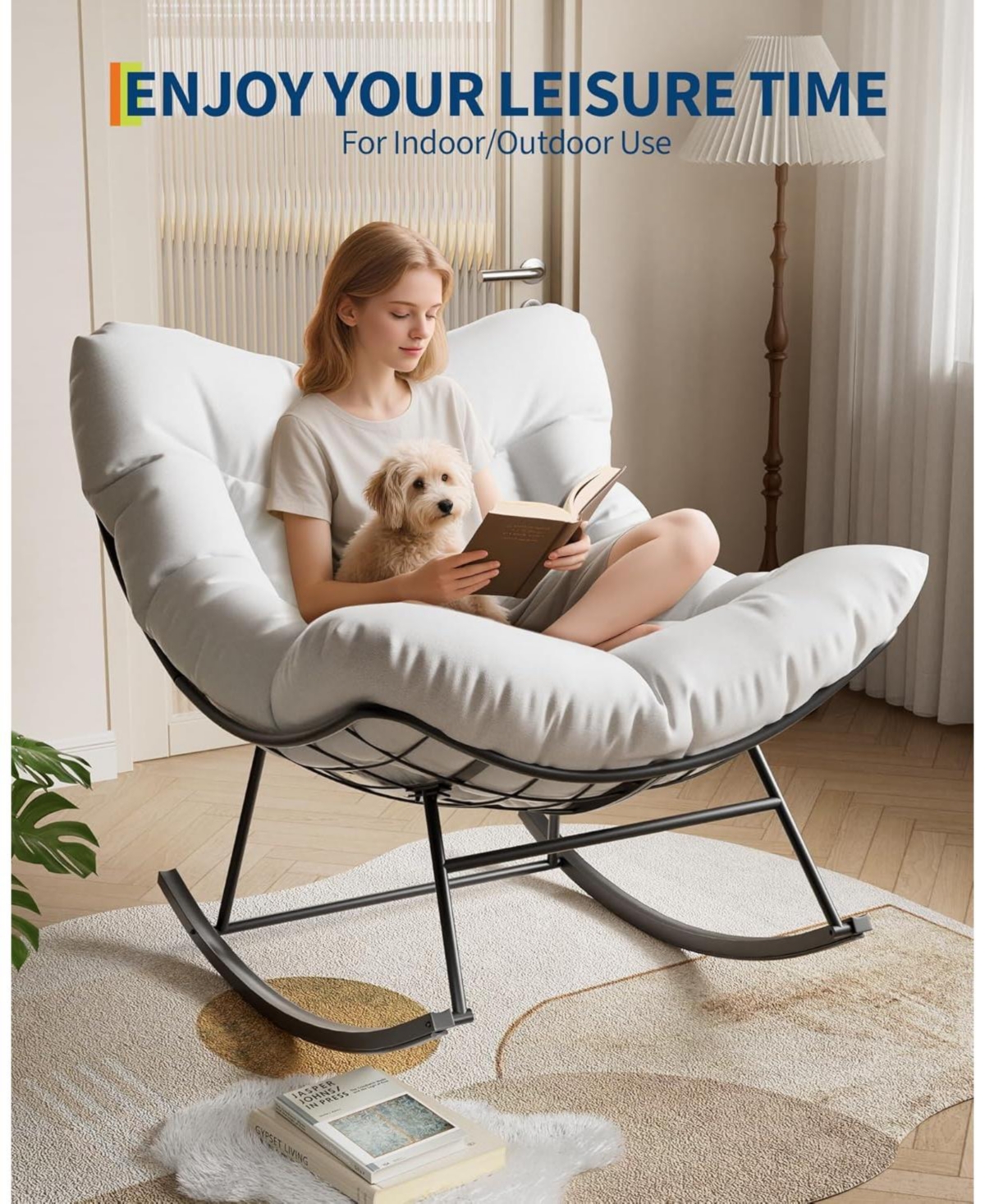 gaomon Outdoor Papasan Rocking Chair with Thick Cushion, Rattan Lounge Seat