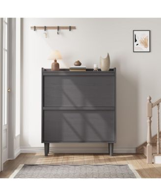 Entryway Wooden Shoe Cabinet, 2 Flip Drawers + Adjustable Shelf Organizer