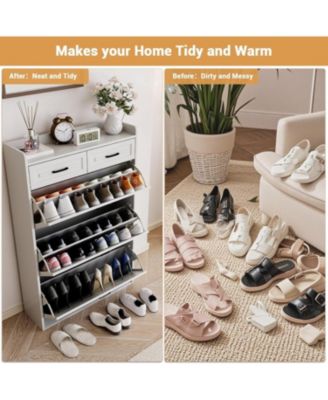 Narrow Entryway Wooden Shoe Cabinet, 2 Drawers + 3 Flip Drawers, Hidden Storage Design