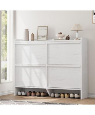 Freestanding Shoe Cabinet - 4 Flip Drawers + Drawer Adjustable Wooden Entryway Organizer