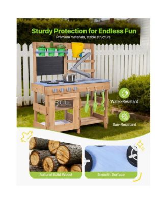 Wooden Outdoor Mud Kitchen with Stoves, Hooks, and Cookware