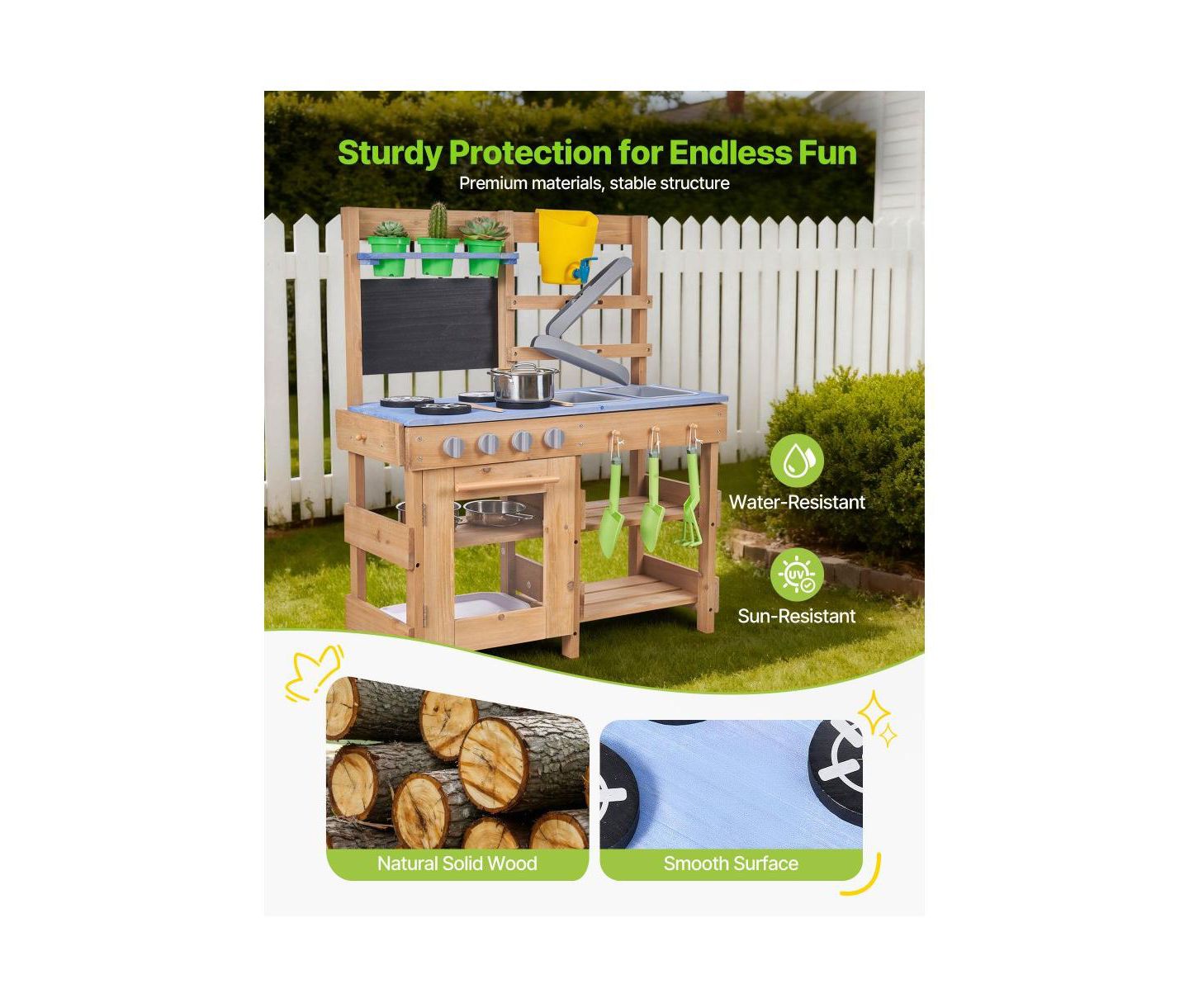 Детская игрушка Slickblue Wooden Outdoor Mud Kitchen with Stoves, Hooks, and Cookware, цвет: Синий / Коричневый — фото 9