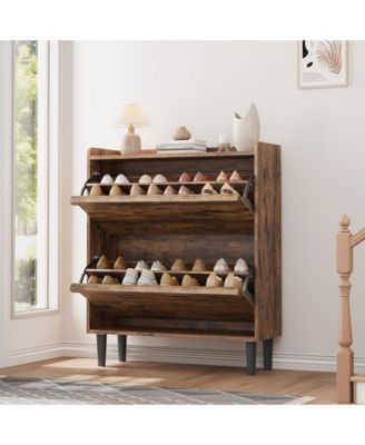 Wooden Adjustable Shelf 2 Drawer Flip Door Entryway Shoe Cabinet