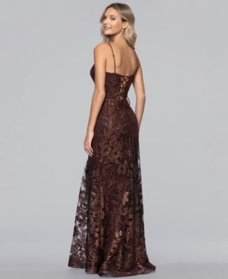 Juniors' V-Neck Glitter Lace-Up Gown