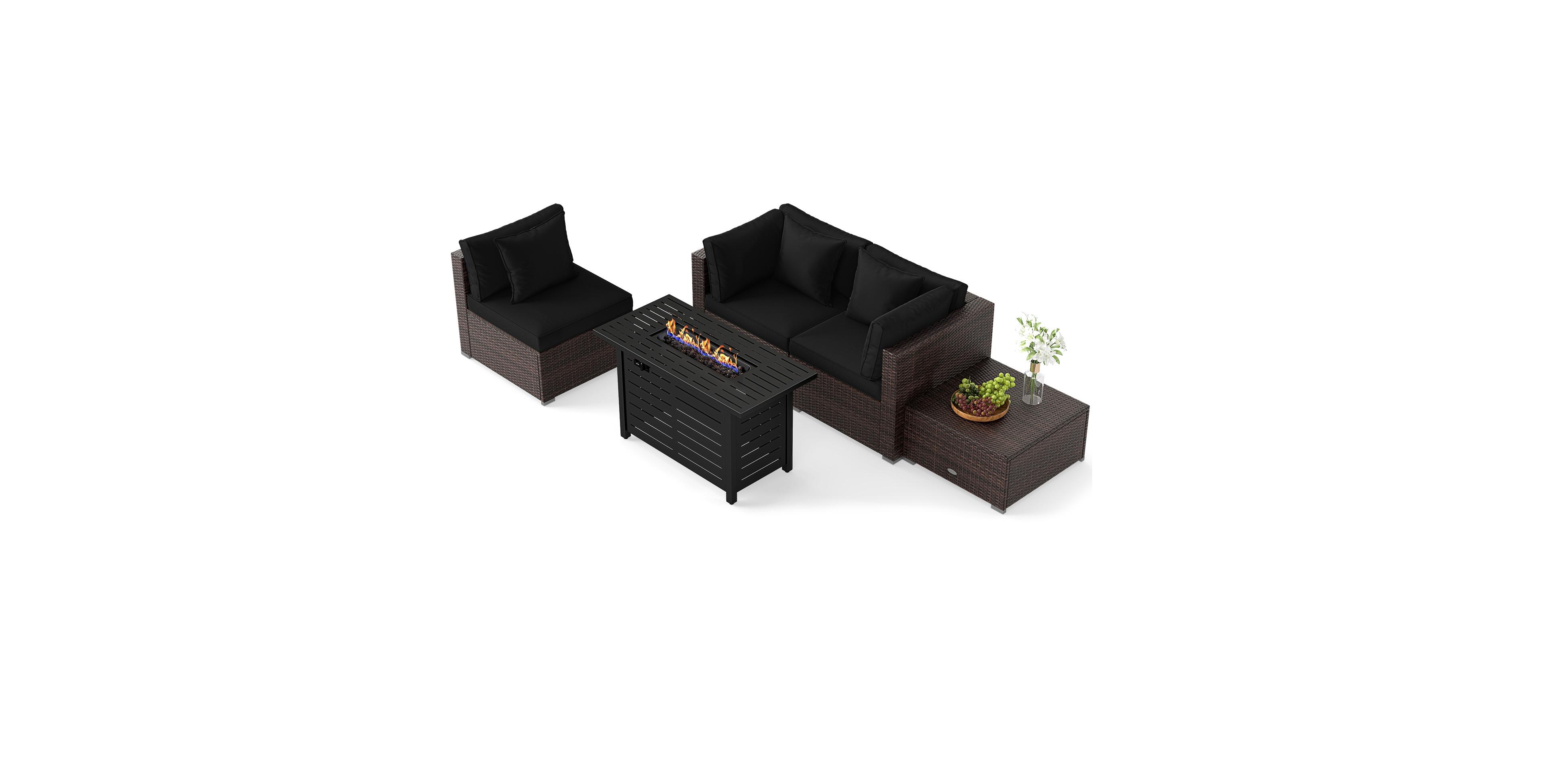 Gymax Set of 5 Patio Furniture Heavy-duty Frame Rattan Sofa w/ 60000 Btu Firepit Table