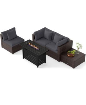 Set of 5 Patio Furniture Set Heavy-duty Frame Rattan Sofa Set w/ 60000 BTU Firepit Table