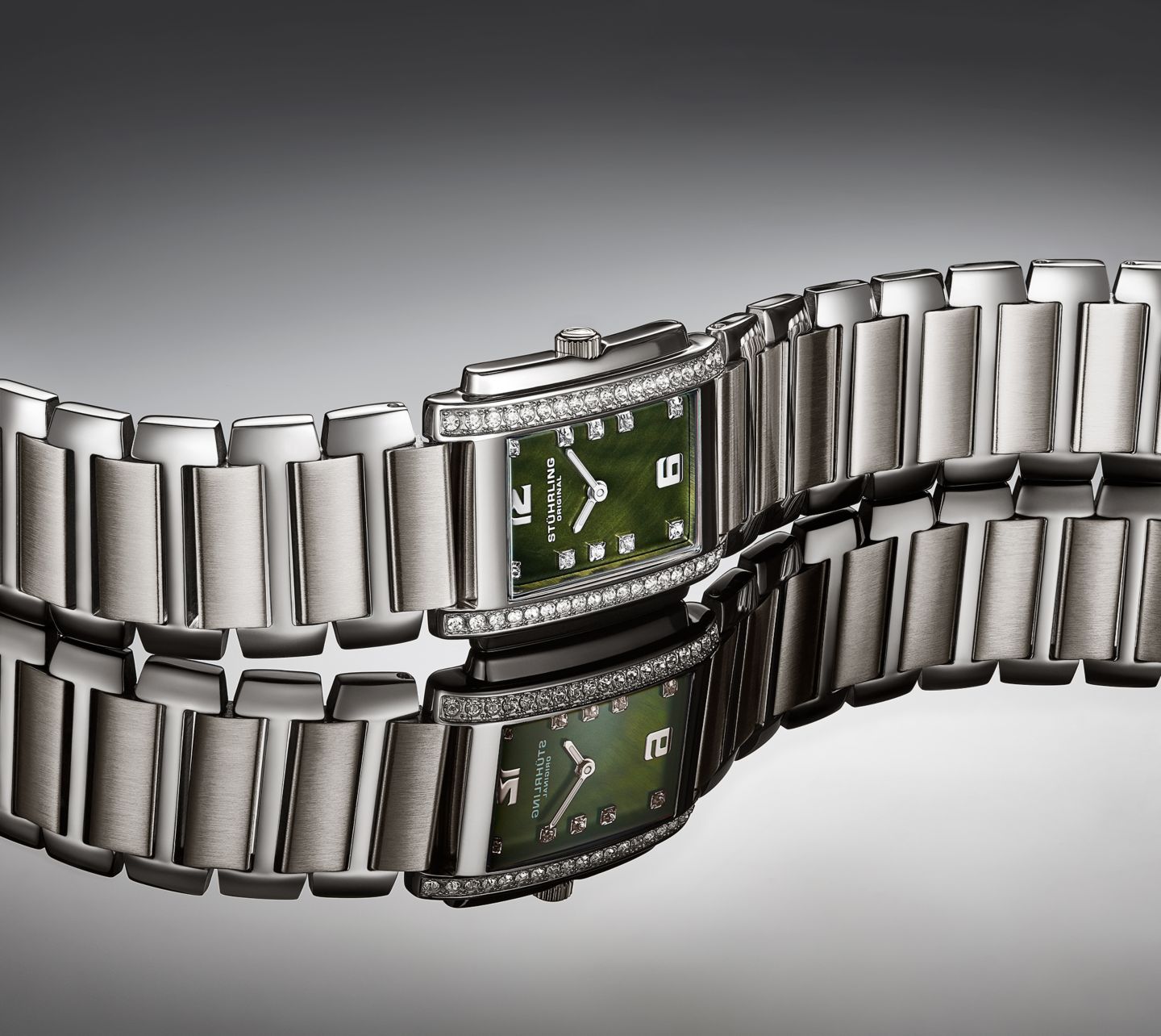 Женские часы Stuhrling Serafine 4089.3 Rectangular Quartz Watch, Mother-of-Pearl Dial & Swarovski Crystal Bezel, цвет: Зелёный — фото 3