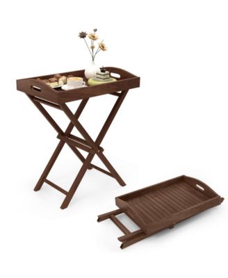 Solid Teak Wood Folding Tray Table with Removable Top and X-Frame for Patio Garden