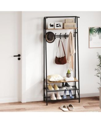 Hall Tree with 5 Hooks, 4-In-1 Entryway Coat Rack and Shoe Storage Bench