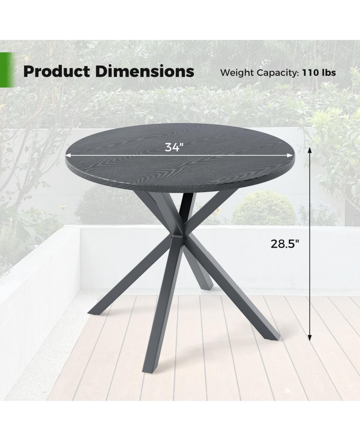 Gymax 34 Inch Round Patio Bistro Table w/ Wood-Like Top & X-Shaped Legsfor Outside