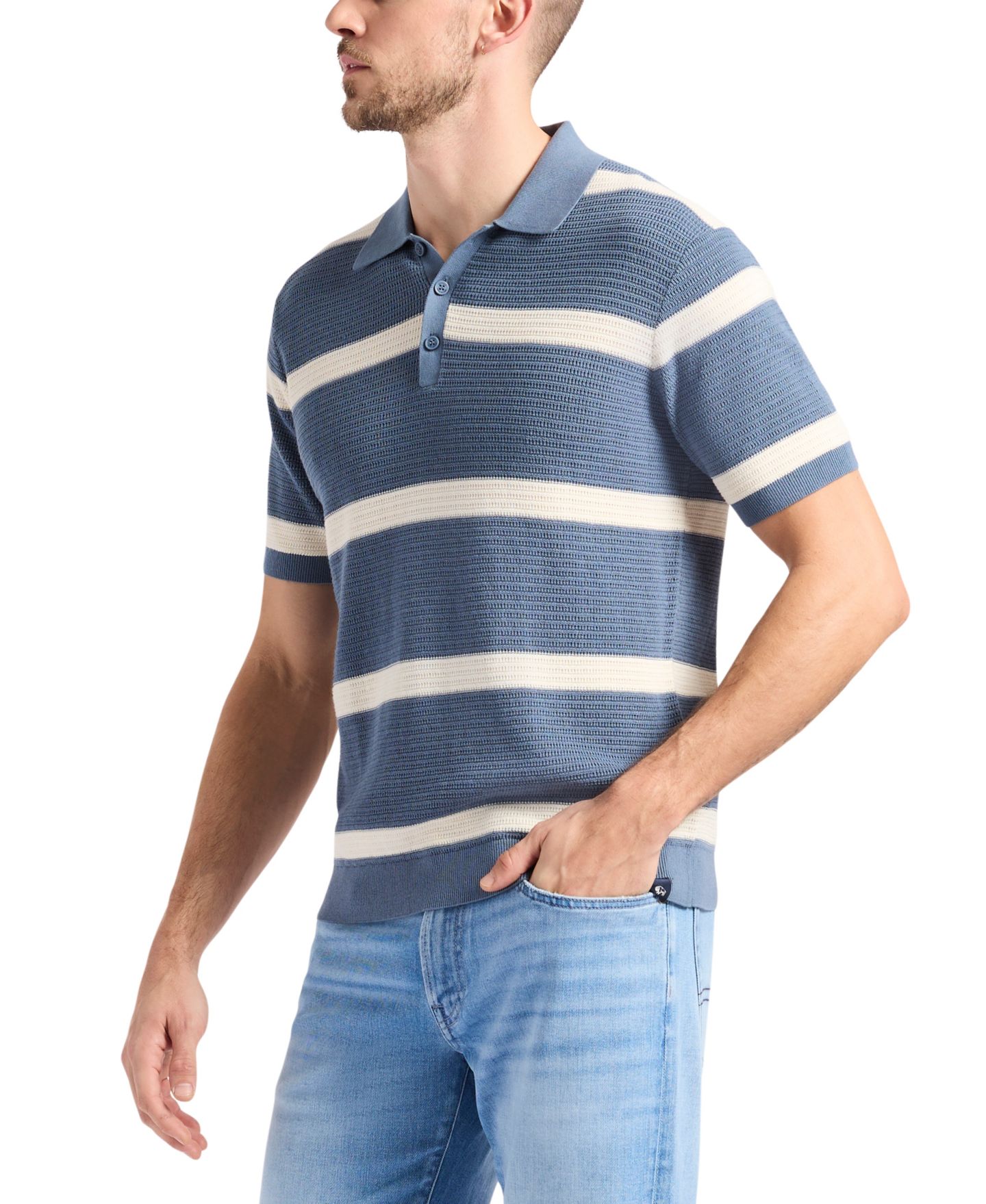 Мужской свитер Buffalo David Bitton Winder Textured Striped Polo Sweater, цвет: Стальной синий — фото 3