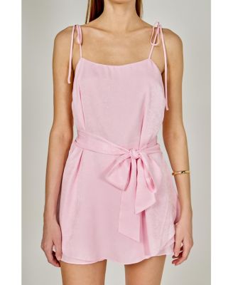 Women's Spaghetti Tie Belted Romper Dress