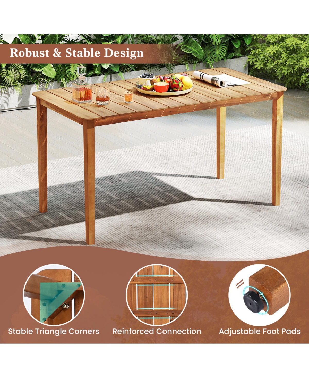 Gymax Rectangular Outdoor Dining Table 4-6 People Large Acacia Wood Patio Bistro Table