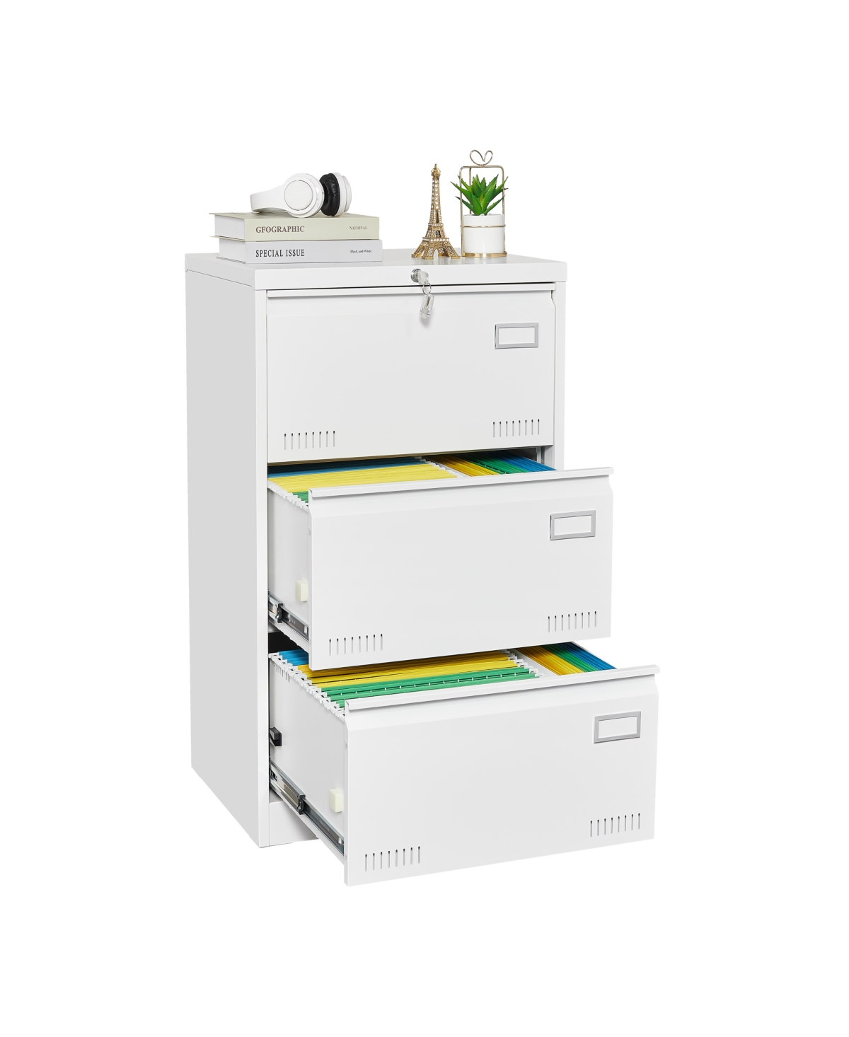 Rainsken 3 Drawer Lateral File Cabinet, Locking Metal File Cabinet, Wide Filing Organization Cabinet for Letter/Legal/F4/A4