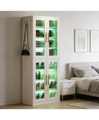 Modern Shoe Cabinet for Entryway, 8-Tier Vertical Shoe Rack with LED Lighting, Doors for Dust Protection and Hooks for Entryway, Living Room