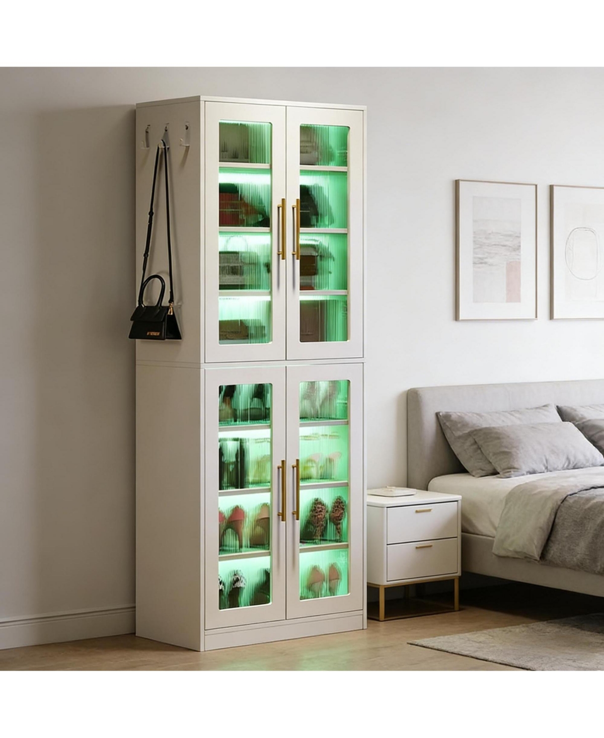 Rainsken Modern Shoe Cabinet for Entryway, 8-Tier Vertical Shoe Rack with Led Lighting, Doors for Dust Protection and Hooks for Entryway, Living Room