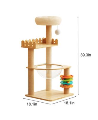 39.3" Modern Wood Cat Tree Tower with Scratching Posts, Perch, Hammock & Toys for All Cats