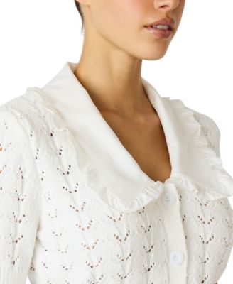 Women's Pointelle Ruffle Collared Cardigan