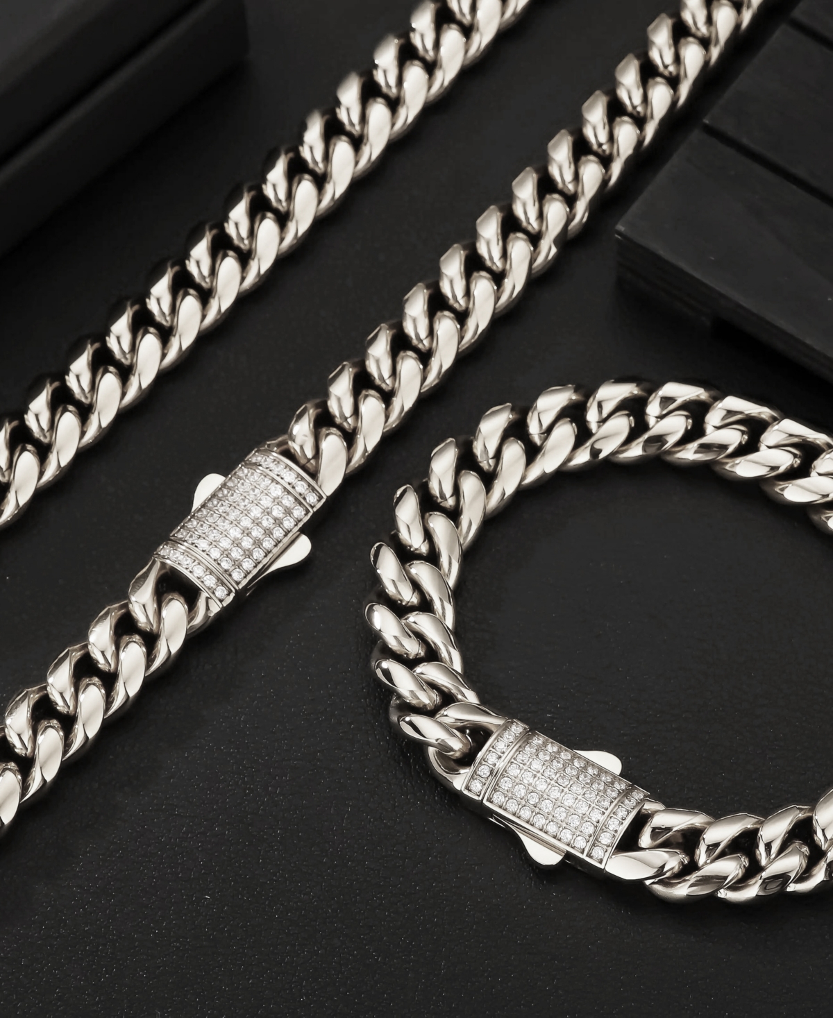 Rhona Sutton Men's Cuban Iced Clasp Chain Necklace in 316L Stainless Steel
