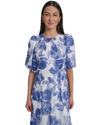 Women's Floral Puff-Sleeve Crewneck Midi Dress