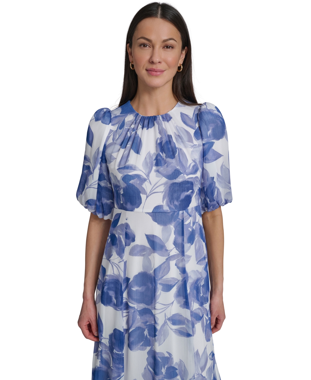 Calvin Klein Women's Floral Puff-Sleeve Crewneck Midi Dress