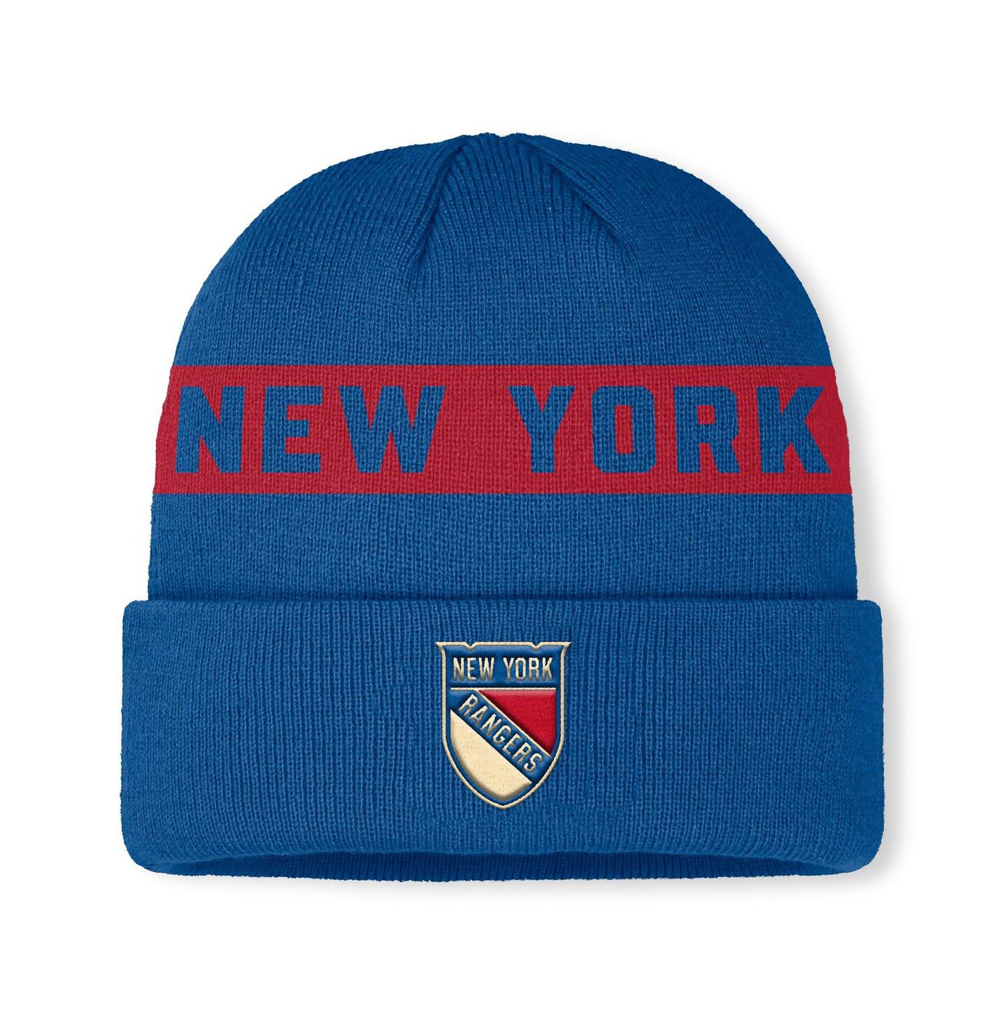 Мужская шапка Fanatics Blue New York Rangers Centennial Authentic Pro Cuffed Knit Hat — фото 1