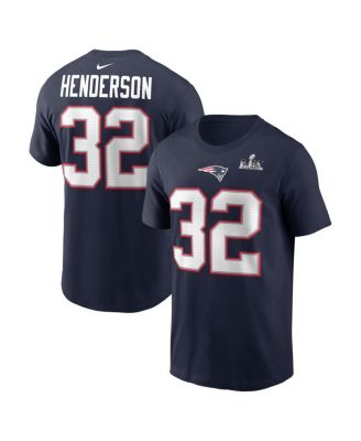 Men's TreVeyon Henderson Navy New England Patriots Super Bowl LX Patch Name & Number T-Shirt