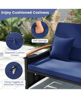 Patio Rattan Daybed Set w/Cushioned Loveseat & Storage Ottoman for Porch Outdoor