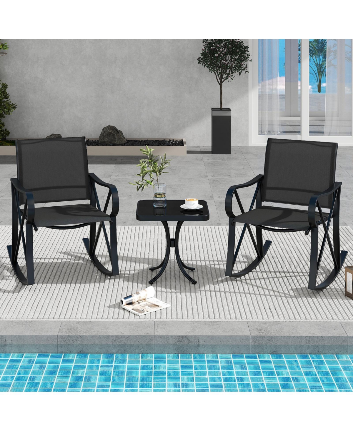 Gymax 3 Piece Patio Rocking Set 2 Chairs w/ Tempered Glass Side Table