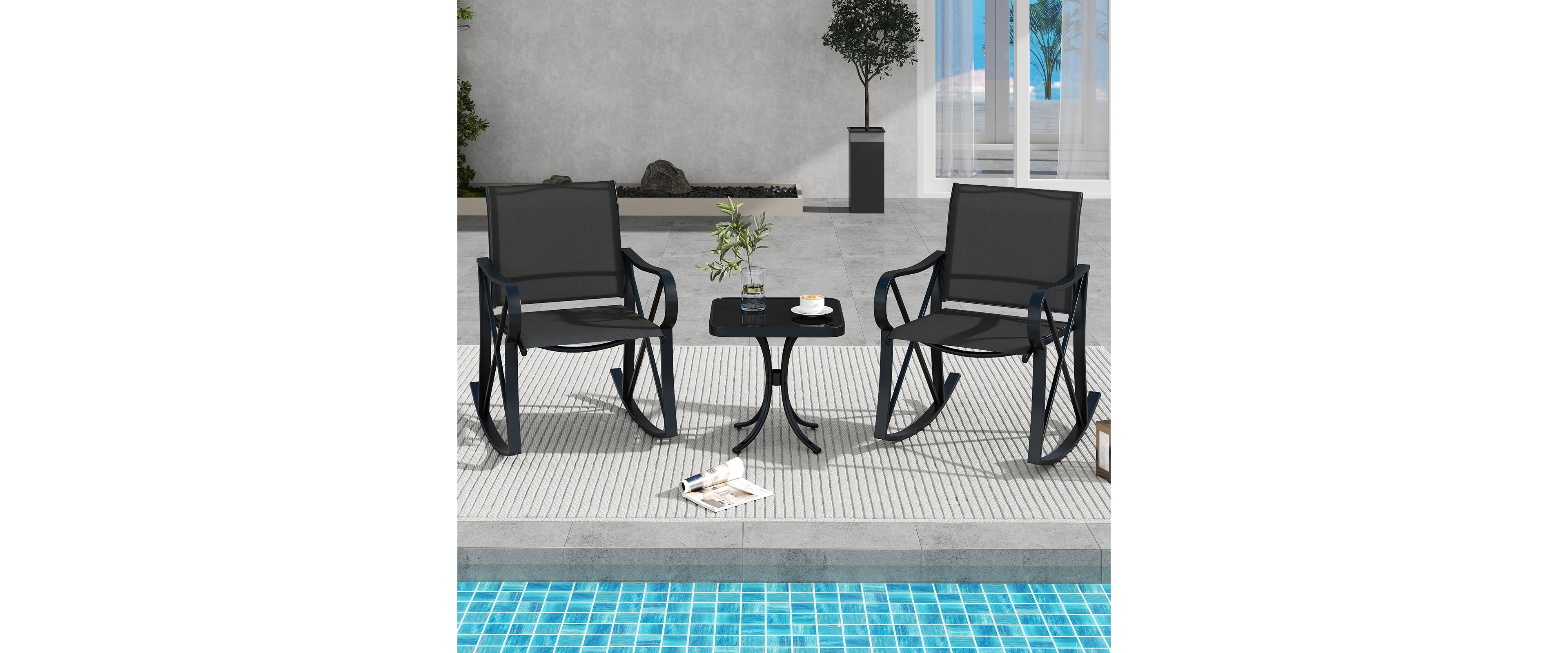 Gymax 3 Piece Patio Rocking Set 2 Rocking Chairs w/ Tempered Glass Side Table
