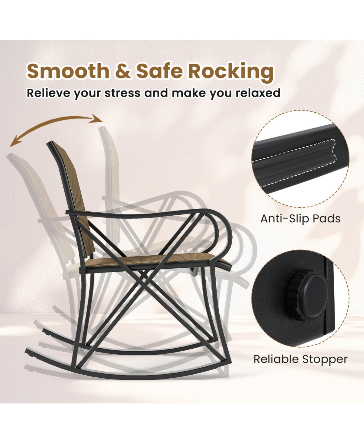 Gymax 3 Piece Patio Rocking Set 2 Chairs w/ Tempered Glass Side Table