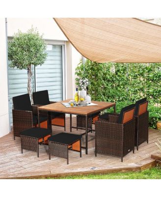 Set Of 9 Patio Rattan Dining Set Cushioned Chairs Ottoman Wood Table Top
