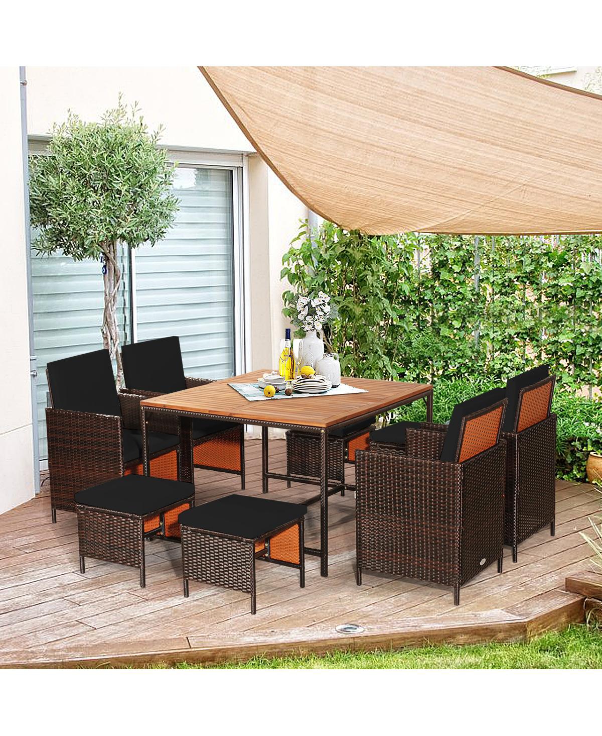 Gymax Set Of 9 Patio Rattan Dining Set Cushioned Chairs Ottoman Wood Table Top