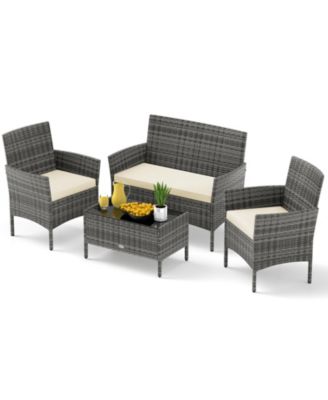Set Of 8 Patio Furniture Set w/Washable Cushions & Tempered Glass Coffee Table